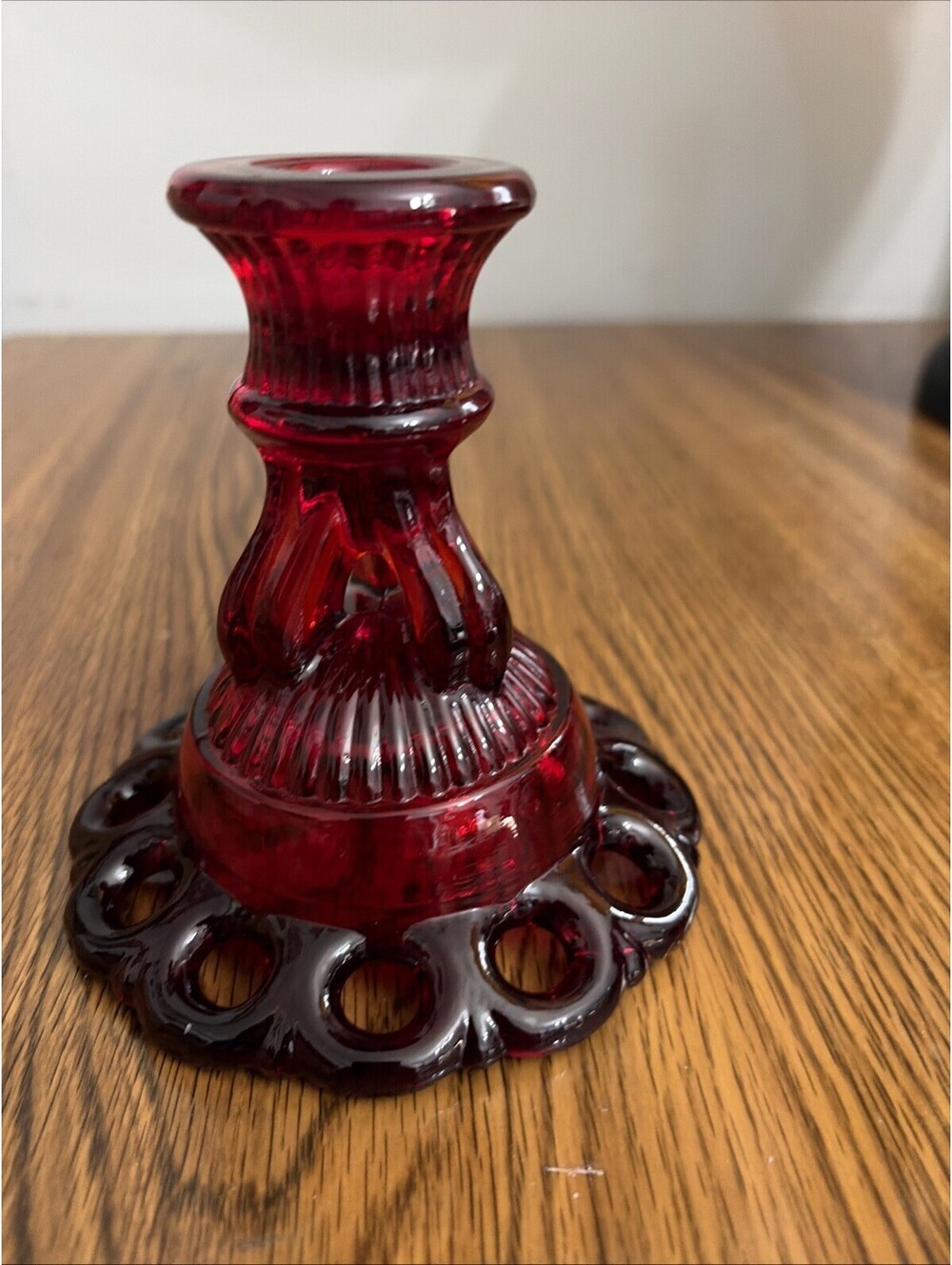 Vintage Westmoreland Ruby Red Doric Glass Candlestick Holder Lattice Edge